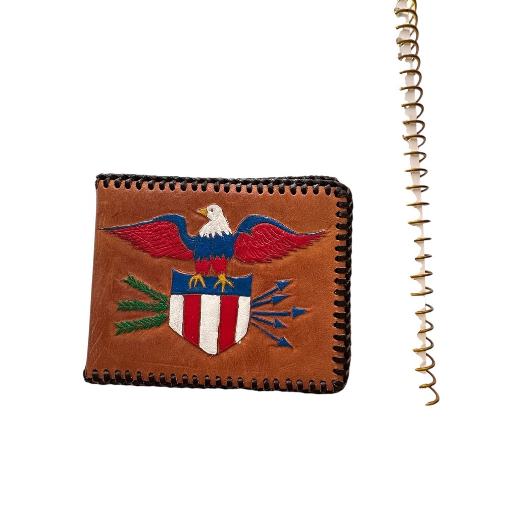 Hand Tooled Leather Bifold Wallet American Eagle Shield Whipstitch‎ Tan Brown